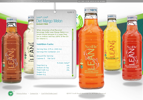 SoBe Lean 2007 W3 Awards (Silver), 2007 Web Awards (Outstanding Website)